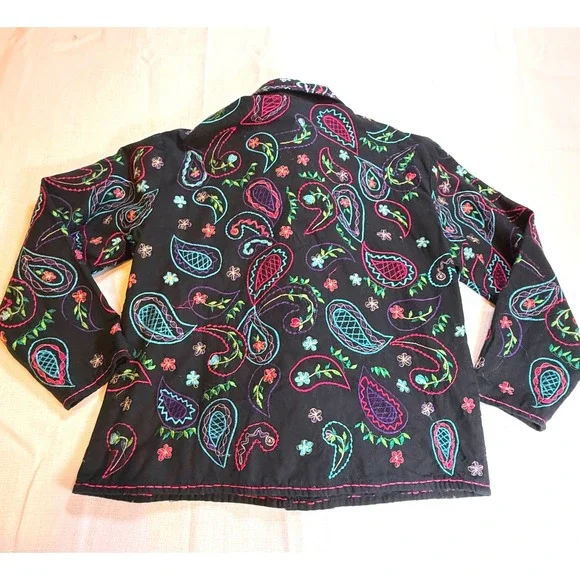 Vintage Units Linen Blend Embroidered Paisley Jacket Medium Black Boho Shirt - Picture 7 of 11